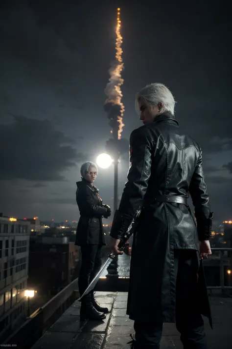 Dante in red and black cloathes and Vergil in blue and black cloathes from Devil May Cry 3, fighting with they swords (Dante with the Rebellion and Vergil with the Yamato), on top of a building, on a night with a full moon and raining.