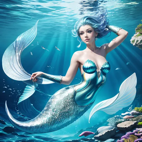 mermaid swimming in the sea, blue scales, Fine scales from the neck down, silber hair, Close-fitting arm sleeves, earlobes are fins, expanded caudal fin