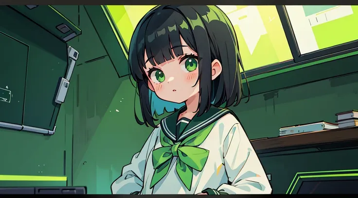 1girl, black hair, blunt bangs, green eyes, (sailor suit), hand in pocket, green cyberpunk room, green fluorescent light, big window