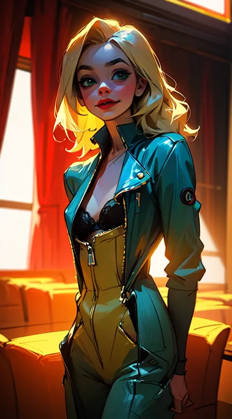 Harley quinn dressed in golden overalls with roller skates , overalls with zip open on the front with semi-transparent green and blue rhombuse colored lingerie, long light blond hair and of 2 colors green and light blue, face 100% Margot Robbie, make-up pr...