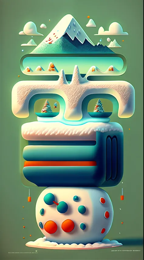 （Pixar Creative Holiday Poster Design），（Huge snowy mountains），（Cute Snowman），cartoony，pixar-style，Fantasyart，Surreal，,the ultra-detailed,