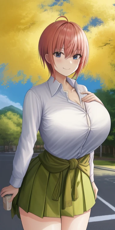 2d, masterpiece, best quality, anime, highly detailed, 1girl, solo, cowboy shot, nakano ichika, pink hair, short hair, cardigan around waist, collared shirt, green skirt, miniskirt, (giant breasts:1.6), standing, school, outdoors, smile, (shirt pulled taut...