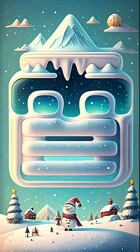 （Creative holiday poster design），（Huge snowy mountains），（Cute Snowman：0.8），Cartoonish，pixar-style，Fantasyart，Surreal，,the ultra-detailed,