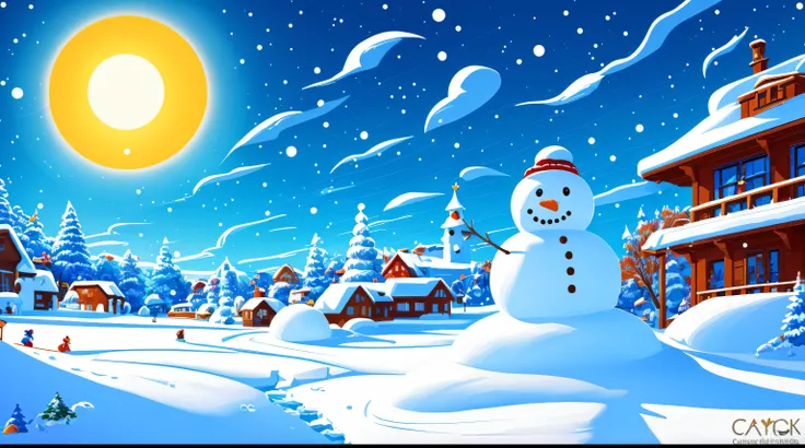 Bright, (((Cartoon style))), beautiful landscape without people, depicting ice sculptures, ((Sunny day)), illustration for children, Masterpiece, snowmen in the background, winter, Falling snow, Detailed, Intricate, 4k, Art