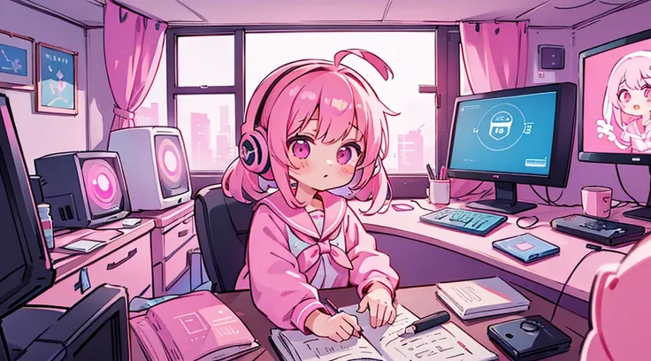 1girl, pink hair, pink eyes, sailor suit, headphones, pink cyberpunk, room with big monitors, room with big windows, pink neon