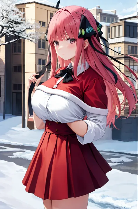 ​masterpiece, top-quality, hight resolution, nn1, 1girl in, Hair Ribbon, shorth hair, doress, skirt by the, cowboy  shot, is standing, plein air,background snow city、Pink hair、Jino Nakano、butterfly hair ornament、very large udder、Santa Cosplay