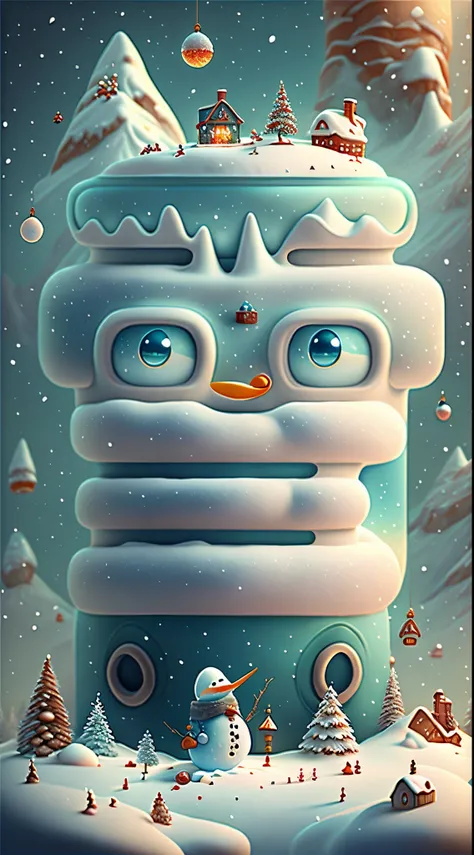 （Creative holiday poster design），（Huge snowy mountains），（Cute Snowman：0.8），pixar-style，Fantasyart，Surreal，,the ultra-detailed,