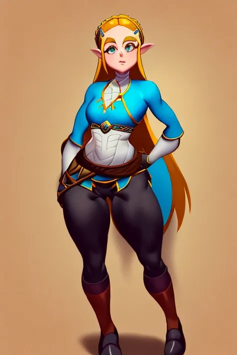 masterpiece, best_quality, 1girl, solo, princess zelda, nintendo, the legend of zelda, botw, black pants, (small breasts:1.6), (small hips:1.6), (small thigh:1.6), (small hourglass:1.6), (fully clothed:1.6)