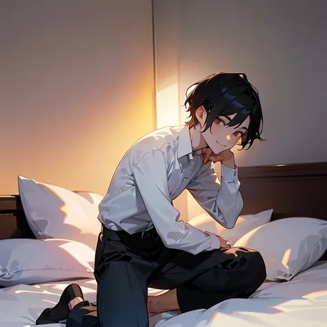 1 Boy, dark hair, white shirt, black slacks, on sheets, kneeling, sitting upright, tucked out shirt, (open clothes:1.0）, cool, evil smile,pale skin,(background: on bed in bedroom), frontal angle,sunset, high quality, high resolution, masterpiece