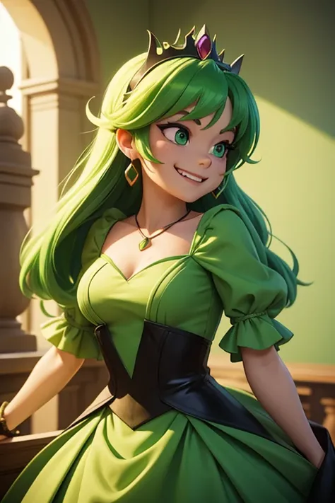 Evil, villainous princess, with green hair, green dress, smiling in profile.