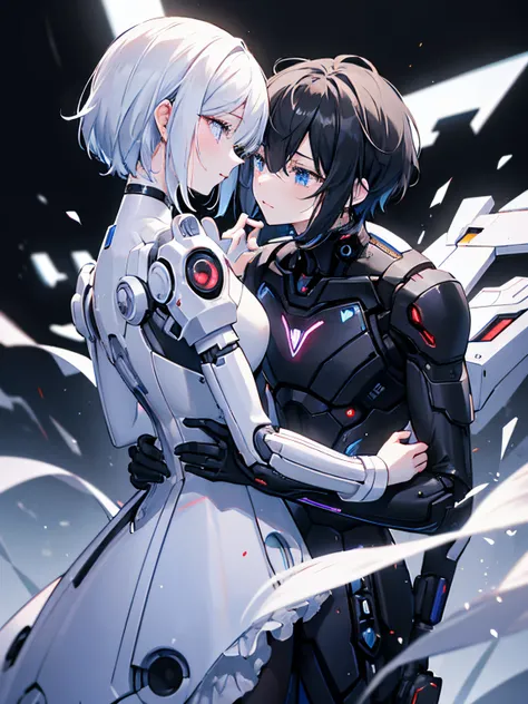 A love story between an android and a human in their 20s、tragic love、android（male people、A dark-haired、short-hair、The whole body is made of machines、Even the ears are made of machines.）、The human（femele、white  hair、wearing frilly clothes、Crying face）Cyberp...