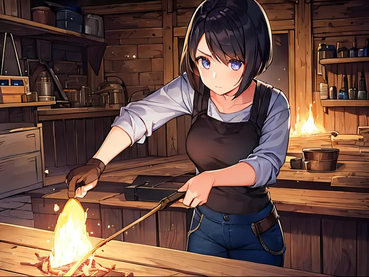 1girl, blown short hair and eyes, blacksmith, forging, blacksmiths workshop,