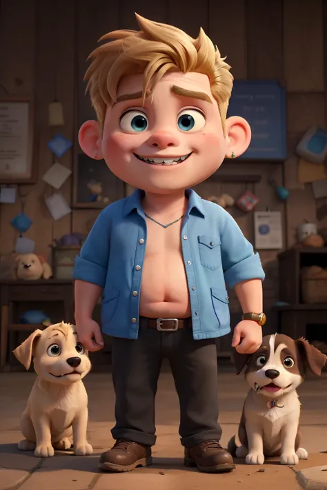 A blond boy, with a broken tooth smiling with an evil look, has fair skin, wears hoop earrings, is fat, but not too fat, is in the center of the image surrounded by puppies, with a text written above: "GORDIN".