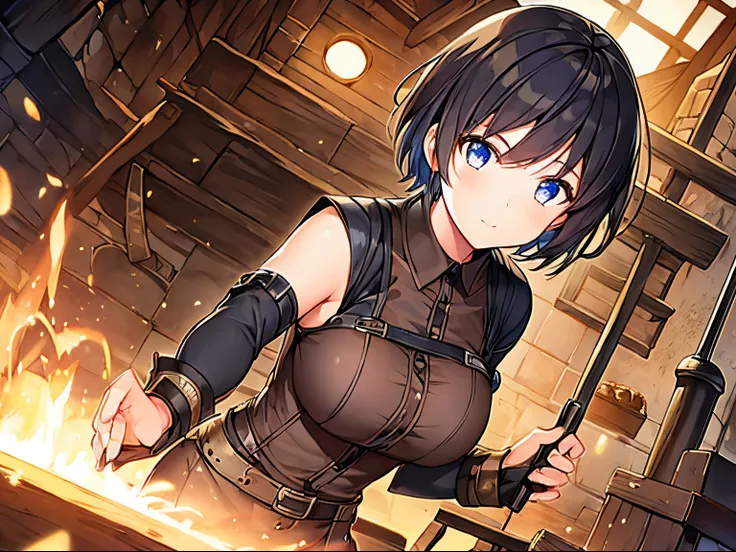 1girl, blown short hair and eyes, blacksmith, forging, blacksmiths workshop,