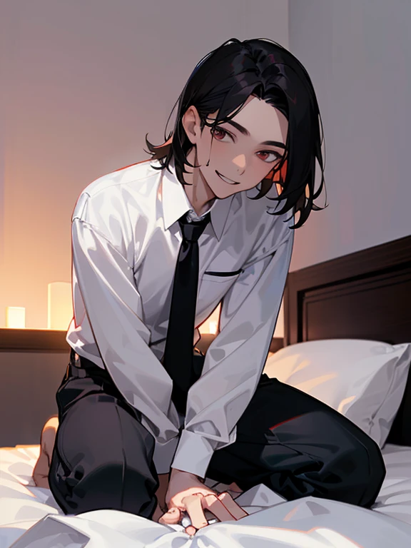 1 Boy, dark hair, white shirt, black slacks, on sheets, kneeling, sitting upright, (shirt untucked:1.0), (open clothes:1.5）, cool, evil smile,pale skin,(background: on bed in bedroom), (frontal angle:1.0),sunset, high quality, high resolution, masterpiece