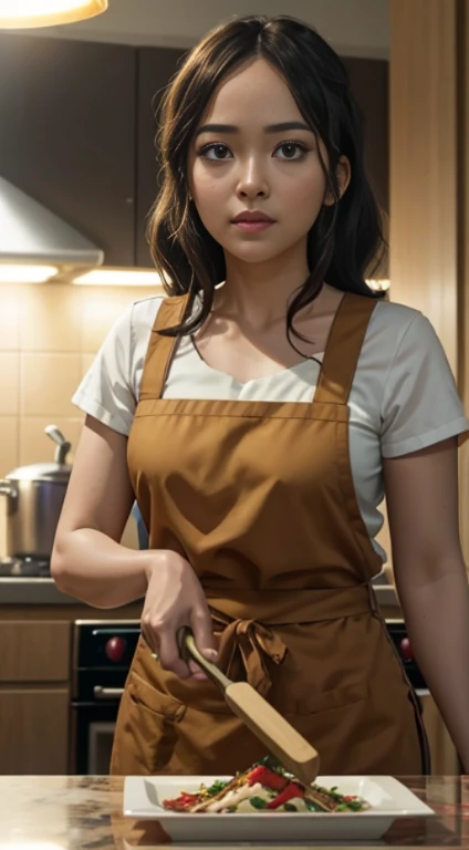 beautiful indonesian woman standing in a resto kitchen preparing food on a counter, promo still, promotional still, morning gold...