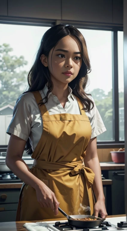 beautiful indonesian woman standing in a resto kitchen preparing food on a counter, promo still, promotional still, morning gold...