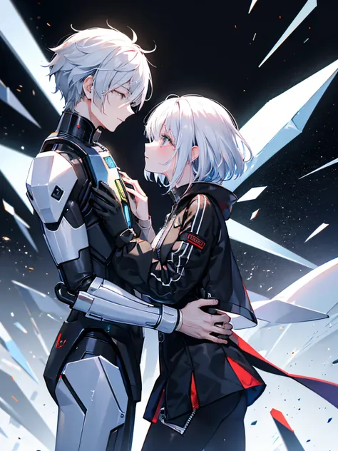 A love story between an android and a human in their 20s、tragic love、android（male people、A dark-haired、short-hair、The whole body is made of machines、Even the ears are made of machines.）、The human（femele、white  hair、Wearing modern casual clothes、Crying face...