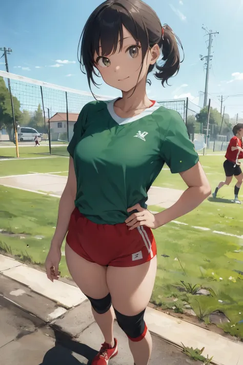 ((best quality)), ((masterpiece)), (detailed), perfect face, volleyball jersey, standing, full body, red shoes, green top, white shorts