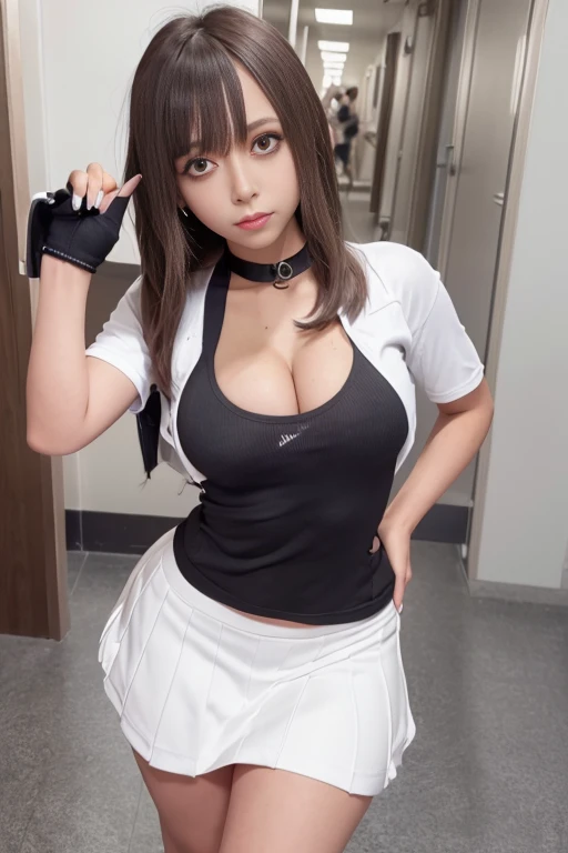 4K, Maxless, ultra-detailliert, Dark-skinned schoolgirl, Schoolgirl Uniform, Tight shirt, cleavage, Big breasts, Big ass, Tomboy, Sweating, In the school corridor, bob cuts, Black Gloves, White sneakers, Full body, from the front side, Beautifully drawn ey...