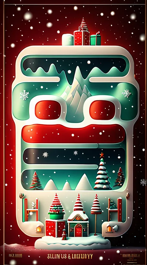 （Creative holiday poster design），Huge snowy mountains，（santa：0.6），（Cute Snowman：0.5），Admiralty，Red gift box，（Ambiance Lighting）pixar-style，Fantasyart，Surreal，,the ultra-detailed,