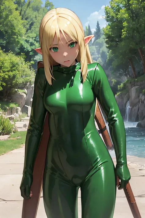 the real thing、女の子1人、(elvish)、a blond、longhaire、green colored eyes、toddlers、(small tits)、pointed nipple、((rubbersuit:1.5))、((big...