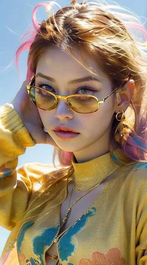 Woman wearing a gold shirt, rainbow hair, sunglasses, looking off into the distance