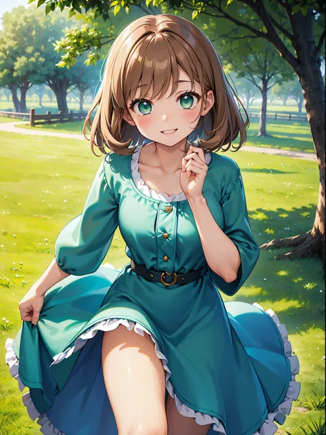 (RAW Photos, Best Quality), (animesque: 1.2), Portrait of 18 year old woman with light brown hair, Curled green eyes, Blue dress, Smiling smile, Singing, (Leaning against a tree), Background blur, The depth of field is shallow, Professional Lighting, Photo...