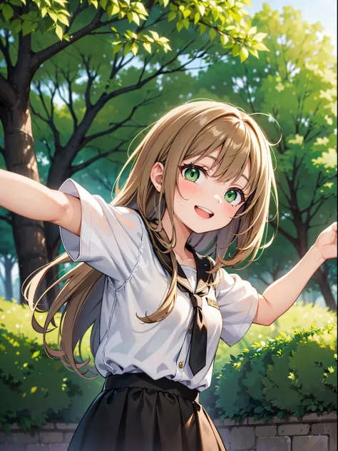 (RAW Photos, Best Quality), (animesque: 1.2), Portrait of 18 year old woman with light brown hair, Curled green eyes, Girlish and rock style, Smiling smile, Singing, (Leaning against a tree), Background blur, The depth of field is shallow, Professional Lig...