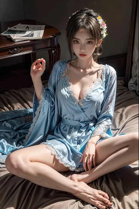 Best quality， tmasterpiece， 超高分辨率， （realistically：1.4）， RAW photos， 1个Giant Breast Girl， （（lace dressing gown））， （（Small under the chest））， cold light，dynamicposes，Sexy pajamas，(spread your legs:1.4)，(open your feet)，bunk，