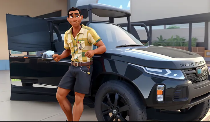 Um homem negro de pele escura, encostado numa Ranger Rover, estilo disney pixar, alta qualidade, melhor qualidade