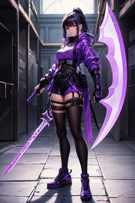 ((best quality)), ((masterpiece)), (detailed), perfect face, detailed, full body, pose, purple, neon, hack, slash, weapon, axe, sword, streetwear, techwear