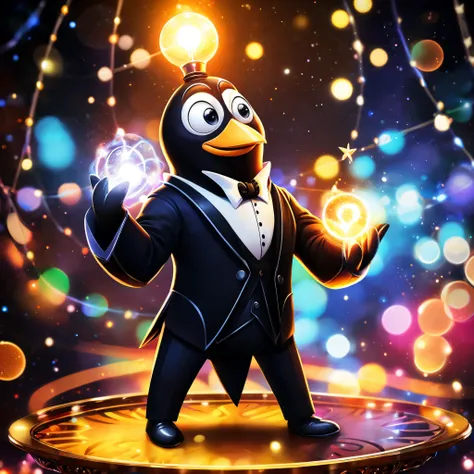 Cartoon penguin wearing black magician suit，performing magic，top-quality, dramatic lights, pixar-style,  ((Complicated details)), ((Complicated details, hyper-detailing)), Incandescent Lamps, Cinema lenses, vignet, Bokeh effect background, (Full body photo...