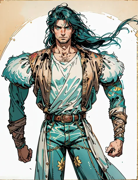 A middle-aged man, long teal hair, wild and disheveled hairstyle, determined gaze, a serious expression, noble features, some stubble, a simple fantasy-style two-piece hunter outfit, a short-sleeved gray shirt, a brown fur-lined coat, a cloth belt cinches ...