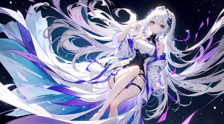 Lilac gradient hair,Asymmetrical hair,（（Hair is very thick 1.8，Hair is well-defined1.6））， Hair over the shoulder, messy  hair, Very long hair, shinny hair，(Long gray hair:1.2),A beautyful girl，（Luxury Platinum Mini Ultra Short Platinum Lolita，Made of trans...