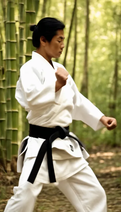 Empty-handed home,Detailed movements,athlete,fluid and powerful body,Wearing traditional karate gi,Black belt,Deep Focus,Master martial arts,Japan,goju,accurate kicks and blows,Sweat dripping,strength and discipline,defender of peace and justice,sharp refl...