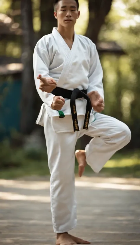 Empty-handed home,Detailed movements,athlete,fluid and powerful body,Wearing traditional karate uniform,Black belt,Deep Focus,Master of martial arts