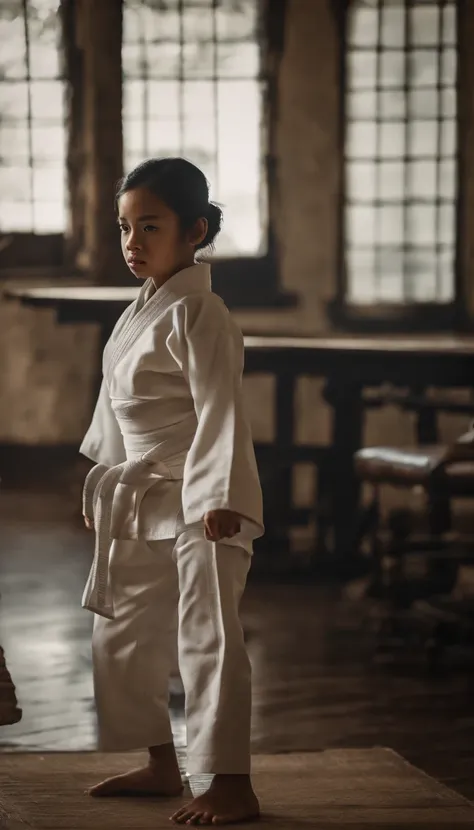 A dark-haired, 1girl in, Empty-handed home,Detailed movements,athlete,fluid and powerful body,Wearing traditional karate gi,Black belt,Deep Focus,Master of martial arts