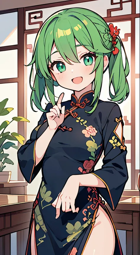 ((A Pretty girl wearing china dress:1.2))、Loli face、((master piece、top-quality、ultra-definition、high resolution))、anime girl、((ultra-detailed illust:1.2))、only one person、bangs、hair between eye、green colored hair、beautiful hair、random colored eyes、Beautifu...