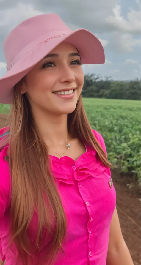 a close-up of a woman in a pink shirt and a pink hat, vestindo roupas de fazenda, low quality video, Mulher de 30 anos de Cuba, no campo, Parece Fabiula Nascimento, tiktok video, 🐎🍑, She is wearing a hat, Pokimane, wearing a chocker and cute hat