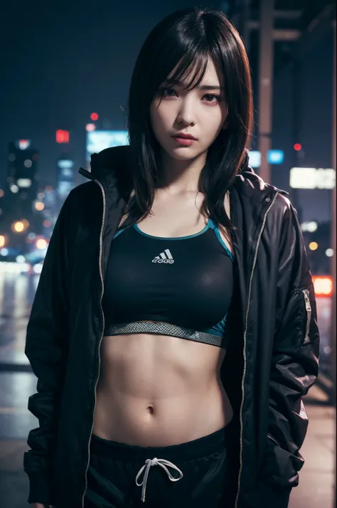 Sports Bra, sports jacket, Sweatpants, , (cyberpunk setting: 1.2), makeup,, (1 girl: 1.4), Best Quality, masutepiece, (reality: 1.2), Young Woman, Lady, Detailed face, Detailed eyes, detailed hairs, Detailed skin, Looking at Viewer, Dramatic, Vibrant, Shar...