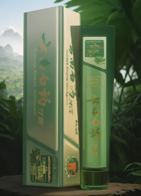 Dubrec style，Product packaging close-up，Jungle mountains image foreground，（multiple exposure：1.8），Complex illustrations in surrealist art style，Surreal dreams，ads，Epic，tmasterpiece，