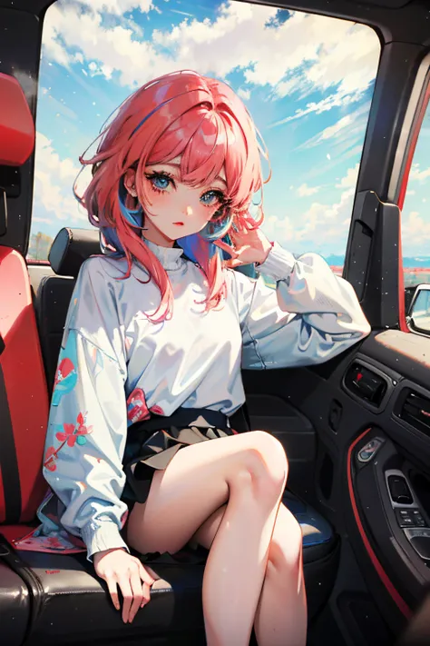 A woman with pink hair is sitting in the car, Beautiful and cute plop plop, anime vibes, kawaii aesthetic, lofi girl aesthetic, animeaesthetic, Soft and lovely colors, Only pastel colors, style of anime. 8K, y 2 k cute core clown core, Pink and yellow, ber...