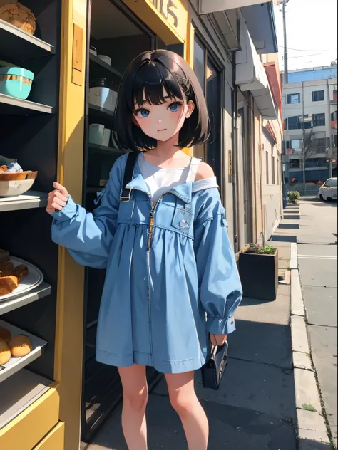 child，is standing，（​masterpiece，Highest Quality），（denim zip up dress:1.4），shortsleeves，A dark-haired，outside of house