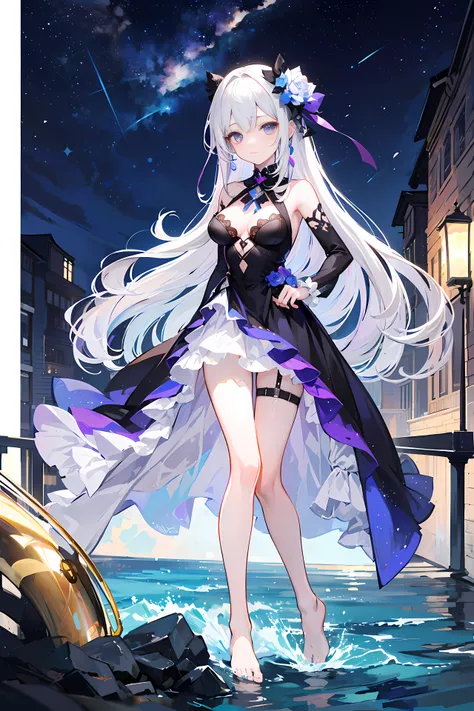 Lilac gradient hair,Asymmetrical hair,（（Hair is very thick 1.8，Hair is well-defined1.6））， Hair over the shoulder, messy  hair, Very long hair, shinny hair，(Long gray hair:1.2),A beautyful girl，（Luxury Platinum Mini Ultra Short Platinum Lolita，Made of trans...