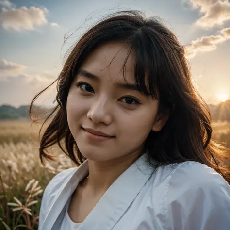 Asia,South Korea,eat rice,​masterpiece, Highest quality, MovieSteel, 1girl, Cloud Girl, Floating in the sky, close-up, Brightness, happiness, Warm soft lighting, sunset, (sparks:0.7)