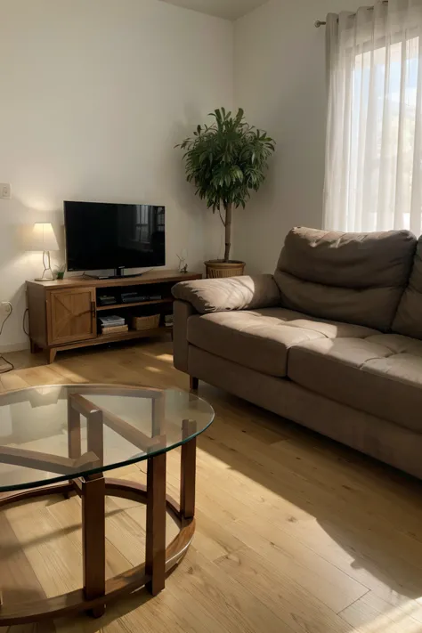 A modern living room with evening lighting. The living room is large and spacious, com paredes pintadas de um tom de verde-musgo claro. The floor is light wood, with herringbone pattern. The furniture is of modern design, with simple lines and geometric sh...