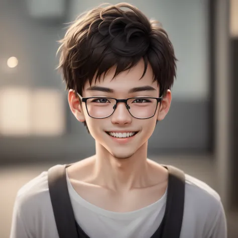 Best Quality, masutepiece, 超A high resolution, (Photorealistic:1.4), 1 boy, Solo, Realistic, Short hair, Portrait, Brown eyes, Smile, Black hair, Looking at Viewer, Closed mouth,eye glasses