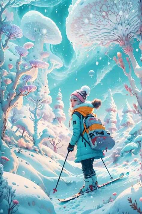 (Best quality at best, 8K, A high resolution, tmasterpiece:1.2), ultra - detailed, (actual, realistically, realistically:1.37), vibrant with colors, magical ambiance, Whimsical, ((A girl skis in snowboard clothes，Ski runs, Snowboarding, winter blue sky, It...