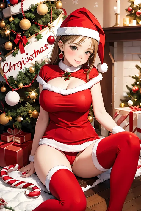 parfect anatomy、Christmas tree（1.1），christmas dress up，Sweet face, red blush, Red and Green Christmas Dresses, jingle bell earrings, hair holly, candy cane stockings, Against the background of winter scenery